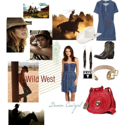 Wild West by EquestrianStylist featuring white braceletsRebecca Taylor denim dress, $325MIH JEANS short sleeve tunic, $225Metal top, $5.39Alexander McQueen white bracelet, $241Cowgirl jewelry, $15Frye Boot, Deborah Studded - Style 77861GRY, $498Frye Handbags Abby Crossbody Red, $228Charlie 1 Horse Hats-Back At The Ranch Collection-Tex Appeal B-Style…, $120