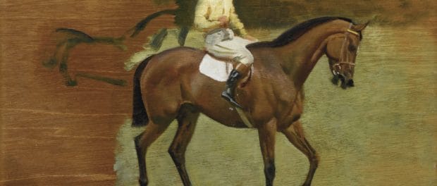 Sir Alfred James Munnings, P.R.A., R.W.S., Study for Going Out at Kempton, Oil on panel 16 1/4 by 24 in. 
